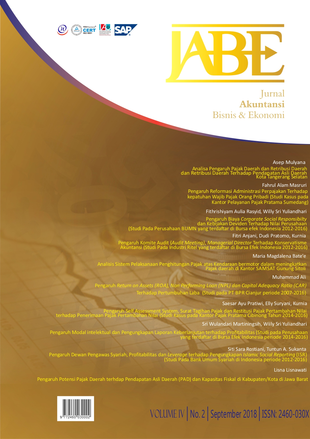 					View Vol. 4 No. 2 (2018): Jurnal Akuntansi Bisnis dan Ekonomi (JABE)
				