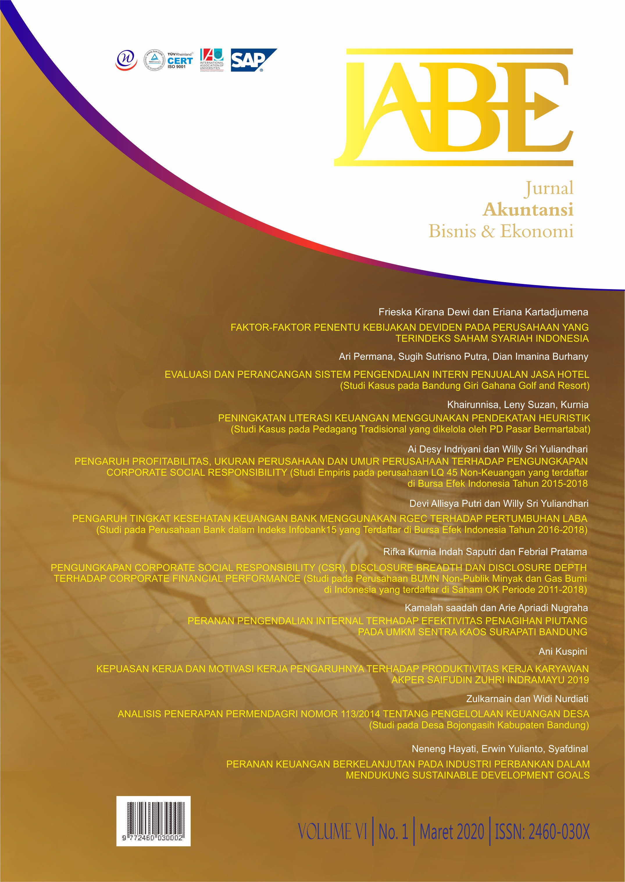 					View Vol. 6 No. 1 (2020): Jurnal Akuntansi Bisnis dan Ekonomi (JABE)
				